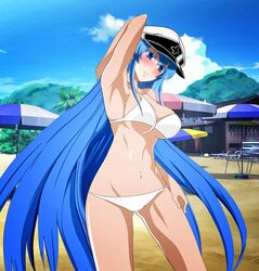 akame_ga_kill! beach beach_umbrella bikini blue_eyes blue_hair blush blush esdeath_(akame_ga_kill!) hand_on_hip hand_on_hips hands_on_hip hands_on_hips long_hair swimsuit swimwear white_bikini white_swimwear