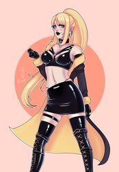 1girls black_lipstick blonde_hair blue_eyes choker earrings elbow_gloves female gloves goth gothified heels latex latex_bra latex_gloves latex_skirt latex_stockings lip_piercing metroid navel_piercing nintendo nose_piercing piercing piercings ponytail ring samus_aran solo tulipsie