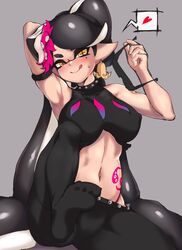 blush callie_(splatoon) collar earrings eyewear_removed glasses hypno_shades_(splatoon) hypnotic_visor inkling licking_lips looking_at_viewer midriff nintendo no_shoes octarian_tattoo octo_callie pointy_ears smooth_skin spiked_collar splatoon splatoon_2 sunglasses sunglasses_removed tako_orphenoch tattoo tech_control thighhighs yellow_eyes_female