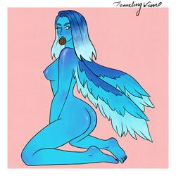 allay_(minecraft) areolae ass blue_hair blue_skin breasts cookie female female_focus female_only food holding_in_mouth minecraft mob_vote nipples sitting solo tagme travelingwren wings