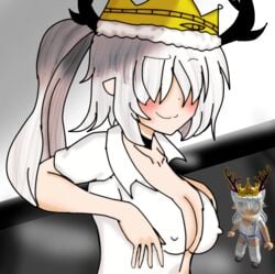 1girls artist_request collar crown female female_focus female_only hair_over_eyes nipple_bulge no_bra no_eyes oc original original_character reference_image roblox roblox_avatar robloxian smile smug source_request unbuttoned unbuttoned_shirt white_hair