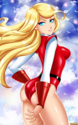 1girls adora ass blonde_female blonde_hair blue_eyes casual cosplay crossover female female_only flowing_hair highleg_leotard leotard long_hair looking_at_viewer looking_back platinum_blonde_hair princess_adora_(cosplay) red_leotard she-ra_and_the_princesses_of_power she-ra_princess_of_power shoulder_pads solo solo_female tenzen thick_thighs