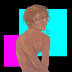 1boy abs blonde_hair blue_eyes danganronpa danganronpa:_trigger_happy_havoc glasses light-skinned_male light_skin male male_focus male_only nude nude_male smooth_skin solo solo_focus solo_male togami_byakuya toned