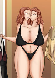 angry angry_face brown_hair conjoined conjoined_twins dressing_room indoors large_breasts lingerie mari-pan mishima_yumi ootake_nami sisters twin_milf twins