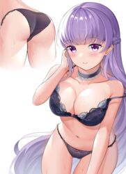 1girls absurdly_long_hair absurdres ass bangs big_breasts black_bra black_panties blush bra braid breasts cleavage clothed clothing commission cute dress female female_only fire_emblem fire_emblem:_the_binding_blade french_braid futasan highres human large_breasts light-skinned_female light_skin long_hair mostly_nude navel nintendo pale_skin panties purple_eyes purple_hair shiny shiny_hair smile solo sophia_(fire_emblem) sweat underwear very_long_hair