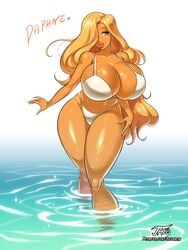 1girls bikini bimbo blonde_hair blue_eyes daphne_(babie_fluff) female female_focus female_only hair_over_one_eye hourglass_figure huge_breasts iacolare jacogram large_breasts long_hair shiny_skin thick_thighs voluptuous water wide_hips