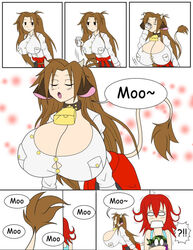 2girls breast_expansion breasts bursting_breasts cleavage cow_ears cow_girl cow_tail cowbell female_only huge_breasts long_hair mattie_(matsu-sensei) mooing multiple_girls oxdarock solo_focus