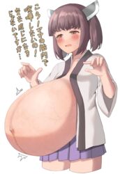 blush brown_eyes brown_hair cevio female female_only fetal_movement flat_chest hair_ornament haori huge_belly linea_nigra no_bra nowheresoul open_clothes pleated_skirt pregnant ready_to_pop solo sweatdrop touhoku_kiritan twintails veiny_belly voiceroid