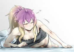 1futa big_breasts big_penis breasts cleavage clothed clothing erection erection_under_clothes futa_only futanari hijiri_byakuren light-skinned_futanari light_skin long_hair lying morning_wood navel nekobatake on_stomach pale_skin partially_clothed penis ponytail purple_hair shorts sleepy solo touhou waking_up