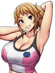 1girls armpits arms_behind_head big_breasts blue_eyes breasts breasts_bigger_than_head brown_hair busty erkaz errorkazoo female female_only grin gundam gundam_build_fighters gundam_build_fighters_try highres hoshino_fumina large_breasts midriff ponytail pose sensual smile solo solo_female sports_bra voluptuous