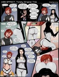 1boy 2girls ass ass_focus ass_worship big_ass black_hair brainwashing cheerleader cleavage comic commander_shepard dat_ass facesitting female femshep hypnosis illusive_man large_breasts lipstick long_hair male mass_effect mind_control miranda_lawson polmanning red_hair skin_tight smile