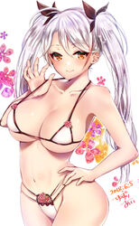 alternate_costume antenna_hair armpits azur_lane bangs bare_arms bare_shoulders bikini bikini_tug black_ribbon blush breasts cleavage collarbone dated eyebrows_visible_through_hair female female floral_background groin hair_between_eyes hair_ribbon hand_on_hip highres iron_cross large_breasts long_hair looking_at_viewer micro_bikini multicolored_hair navel prinz_eugen_(azur_lane) red_hair ribbon signature silver_hair smile solo stomach streaked_hair swimsuit thighs two_side_up very_long_hair yuzuri_ai