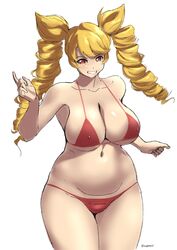 1girls big_breasts bikini blonde_hair drill_hair female original red_eyes smile solo suphesol swimsuit tagme_(artist)