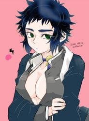 alternate_costume arms_under_breasts black_hair choker demon_slayer female female_only kaigaku kimetsu_no_yaiba large_breasts nipples pink_background rule_63 solo thick_eyebrows tomboy turquoise_eyes