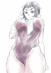 black_hair demon_slayer female female_only genderswap_(mtf) kaigaku kimetsu_no_yaiba large_breasts large_hips looking_at_viewer looking_down one_piece_swimsuit rule_63 solo swimwear thick_eyebrows thick_thighs towel_on_breasts