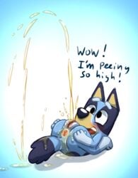 anus asshole bluey_(bluey) bluey_(series) bluey_(show) bluey_heeler blush canine cartoony excited legs_behind_head peeing piss_on_tail piss_soaked polygon5 presenting_pussy puppy watersports what young