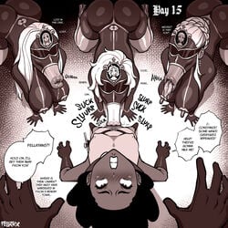 1futa 4girls :>= age_difference ahe_gao areolae big_breasts blowjob blowjob_face breasts comic connie_(fellatrix) dark-skinned_female dark_skin dicksucking_creature english_text erect_nipples erect_nipples_under_clothes erection fellatian fellatio fellatrix female female_on_futa futa_with_female futanari group human human_penetrating interracial large_breasts nell_(fellatrix) nipples no_nut_november penis small_penis small_penis_adoration speech_bubble text vacuum_blowjob vacuum_fellatio