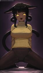 1girls big_breasts black_hair cat_ears cat_eyes cat_girl cat_tail catgirl dark-skinned_female dark_skin female_focus female_only final_fantasy final_fantasy_xiv happy looking_at_viewer miqo'te nonude open_mouth sitting smile tostantan yellow_eyes