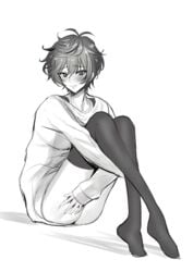 aaside argonavis_from_bang_dream! bedroom_eyes blush boy cute male_bitch male_only monochrome nanahoshi_ren oversized_clothes shaded sitting sweater thigh_grab thighhighs thighs twink