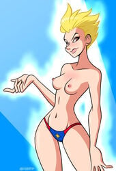 1girls avengers blonde_hair bold-n-brash breasts brown_eyes captain_marvel carol_danvers glowing half_naked marvel nipples panties posing short_hair smirking