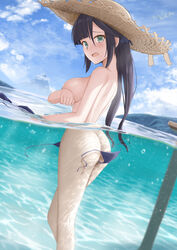 1girls aquamarine_eyes ass blue_eyes blush breast_hold breasts female female_only genshin_impact joko_jmc mona_(genshin_impact) naked no_bra nude outdoors outside panic panties_down solo straw_hat swimsuit tagme water