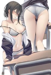 1girls ass black_hair blush desk female female_only grinding masturbation medium_breasts mole one_breast_out original_character pallad panties panties_aside pink_eyes solo table_humping underwear white_background