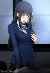 1girls black_hair censored classroom dannex009 desk female_masturbation green_eyes grinding hifumi_togo masturbation mosaic_censoring no_panties persona persona_5 pussy school_uniform solo_female table_humping