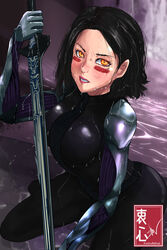 1girls 2019 alita battle_angel_alita black_hair breasts curvaceous cyborg female female_focus female_only female_solo kowatsu large_breasts light-skinned_female light_skin orange_eyes rain short_hair solo solo_female thighs weapon wide_hips