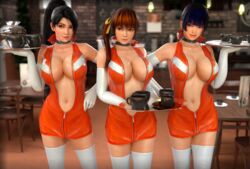 3d 3girls adeptusinfinitus big_breasts black_hair blender blue_hair breasts choker cleavage dead_or_alive dress elbow_gloves front_view gloves hair_bun hand_on_hip kasumi_(doa) latex latex_clothing latex_gloves looking_at_viewer momiji_(ninja_gaiden) navel nyotengu open_jacket ponytail posing purple_eyes red_eyes red_hair redhead smile standing thighhighs thong tight_dress waitress zipper_down zipper_dress