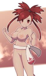 areolae blush decensored edit female fists flannery_(pokemon) functionally_nude hair_tie lamb-oic029 light-skinned_female light_skin long_hair looking_at_viewer medium_breasts navel nintendo pokemon pussy red_eyes red_hair smile smiling_at_viewer solo standing third-party_edit uncensored video_games