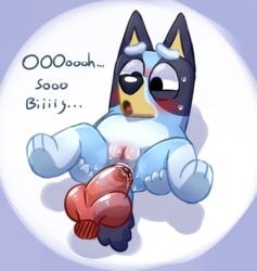 1boy 1girls anal anal_juice anal_sex big_penis bluey_(bluey) bluey_(series) bluey_(show) bluey_heeler blush canine cartoony chubby chubby_female cub disembodied_penis english_text female knot lying male no_humans panting partial_male polygon5 puppy pussy_blush pussy_sweat size_difference spread_legs straight sweat tongue tongue_out