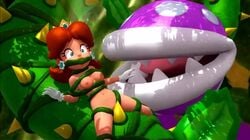 3d 3d_(artwork) blue_eyes breasts brown_hair crown earrings leaves mario_(series) nintendo onmodel3d piranha_creeper piranha_plant plant princess_daisy pussy scared small_breasts small_penis super_mario_3d_world super_mario_bros. thorns tongue