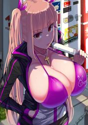 amber_eyes between_breasts big_breasts bra bunny cleavage cross cross_necklace deep_cleavage dripping_juice dripping_on_breasts dripping_popsicle eyebrows_raised eyebrows_visible_through_hair facominn fully_clothed gas_station gigantic_breasts hair_clips hair_ribbon hoodie huge_breasts innuendo jacket licking licking_popsicle liquid_between_breasts long_hair looking_at_viewer massive_breasts melting_popsicle monet_(facominn) on_patrol orange_eyes original patrol peach_hair pink_bra popsicle popsicle_melting red_eyes seductive streetwear sweat sweat_on_breasts sweatdrop tan_skin tongue tongue_out twintails white_popsicle