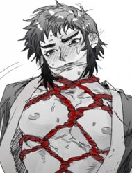 black_hair blush bondage demon_slayer huge_pecs kaigaku kimetsu_no_yaiba male male_only pecs shibari solo tied_mouth tied_up