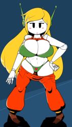 1girls 2d android big_breasts black_eyes blonde_hair canon_panties cave_story curly's_panties curly_brace front_view green_bra green_panties red_pants robot robot_girl shortstack solo solo_female standing tagme thick_thighs white_skin