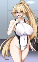 1girls blonde_hair blue_eyes breasts cameltoe competition_swimsuit covered_nipples cowboy_shot fate/grand_order fate_(series) glasses hand_on_own_chest highleg highleg_swimsuit huge_breasts jeanne_d'arc_(fate) jeanne_d'arc_(swimsuit_archer)_(fate) long_hair looking_at_viewer muta_poo nipple_bulge one-piece_swimsuit ponytail smile solo standing swimsuit white_swimsuit