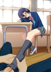 1boy 1girls adachi_sakura adachi_to_shimamura black_legwear blue_eyes blue_hair blush classroom foot_fetish footjob penis school_uniform shoe_dangle short_hair skirt smile socks solo straight the_dark_mangaka uwabaki