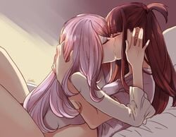 2girls akko_kagari arm_behind_head atsuko_kagari bed brown_hair closed_eyes couple duplicate kagari_atsuko kissing leila_(yurisouls) little_witch_academia long_hair lying multiple_girls pajamas purple_hair simple_background sleepwear source_request sucy_manbavaran yuri