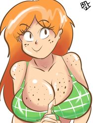 1girls 2021 benthelooney big_breasts black_eyes breast_freckles cute female freckles freckles_on_breasts freckles_on_shoulders green_shirt looking_at_viewer marigold_(benthelooney) orange_hair shirt shoulder_freckles smile tagme teasing teasing_viewer