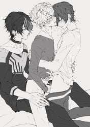 3boys aaside akebono_ryo argonavis_from_bang_dream! asahi_nayuta bar_censor censored choker collar collarbone frottage gay gay_sex hugging male male/male/male male_only male_penetrating masturbating masturbation monochrome nanahoshi_ren piercings punk sighing sitting sitting_on_person sitting_position threesome visible_breath white_hair yaoi