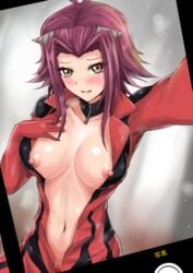 akiza_izinski blush breasts brown_eyes female izayoi_aki nipples open_clothes open_mouth r-binon red_hair selfie solo yu-gi-oh! yu-gi-oh!_5d's