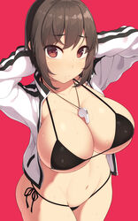 arms_behind_head arms_up bangs bikini black_bikini breasts brown_hair cleavage closed_mouth collarbone commentary_request cowboy_shot eyebrows_visible_through_hair female halter_top halterneck highres jacket large_breasts looking_at_viewer mound_of_venus navel open_clothes open_jacket original red_background red_eyes samegami short_hair side-tie_bikini simple_background solo standing striped striped_jacket sukajan swimsuit thighs whistle whistle_around_neck white_jacket