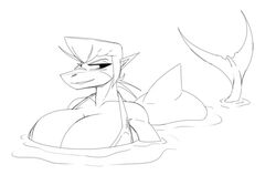 anthro big_breasts black_and_white blush bra breasts cleavage dpronin female female_only hair looking_at_viewer marina_(dpronin) shark shark_girl shark_humanoid shark_tail sharp_teeth simple_background sketch smile smiling smiling_at_viewer water