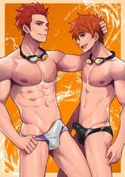 2boys athletic_male brother brothers bulge erection erection_under_clothes erection_under_clothing free! gay goggles goggles_around_neck jock_slut light-skinned_male male male_focus male_only maorenc mikoshiba_momotarou mikoshiba_seijuurou muscular_male orange_hair red_hair seijuro skimpy skimpy_swimwear speedo swimwear yaoi