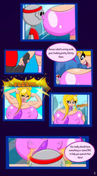 1boy 1girls blitzhero blonde_hair breast_in_face breast_squeeze breasts busty comic_page commissioner:blitzhero commissioner_upload drinking english_text flexing grabbing_penis gym huge_breasts larger_female muscle muscular_female nipples_visible_through_clothing open_mouth shelbziboo smaller_male speech_bubble titanic_tit_tina