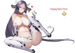 absurdres afpl_(parrotz4) animal_ears animal_print bangs bare_shoulders bell bikini blush breasts cleavage cow_ears cow_print ear_tag fate/grand_order fate_(series) female happy_new_year highres horns large_breasts long_hair looking_at_viewer minamoto_no_raikou_(fate) minamoto_no_raikou_(fate/grand_order) mouth_hold new_year parted_bangs print_legwear purple_eyes purple_hair simple_background sitting smile solo spread_legs strap_lift swimsuit tail thighhighs very_long_hair white_background