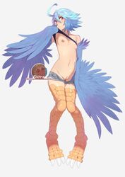 1girls absurd_res bandeau blue_feathers blue_hair breasts brown_eyes cleft_of_venus clothes_pull clothing_lift embarrassed exposed_breasts exposed_nipples exposed_pussy feathered_wings female full_body harpy highres looking_at_viewer monster_girl monster_musume_no_iru_nichijou navel nilsunna nipples papi_(monster_musume) petite pussy shirt_lift short_hair shy small_breasts solo solo_female stomach sunna_(nilsunna) talons teenager thin_female uncensored undressing watermark wings