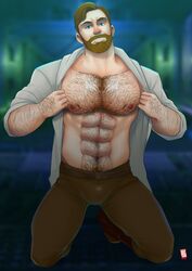 1boy abs arm_hair auburn_hair bara beard brown_pants bulge clothing doctor_anfelo hairy hairy_chest hairy_male looking_at_viewer male male_only muscles muscular muscular_male obi-wan_kenobi pants solo solo_male star_wars undressing white_shirt