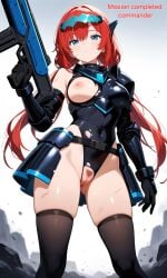 adult ai_generated armor armored_female battle_damage blue_eyes cracked_visor exposed_breast exposed_pussy fair-skinned_female fair_skin flat_stomach future_armor innie_pussy leotard lonelylady long_hair original pubic_hair pulse_rifle red_hair slim_waist talking_to_viewer thighhighs torn_clothes torn_leotard trimmed_pubic_hair visor