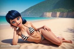 1girls ai_generated artist_name barefoot beach bikini black_hair blue_eyes blue_hair blue_sky breasts collarbone day disney disney_channel feet female_focus female_only freckles full_body hand_on_own_hip hi_res ladybug_(character) looking_at_viewer lying marinette_cheng marinette_dupain-cheng medium_breasts miraculous:_tales_of_ladybug_and_cat_noir miraculous_ladybug nail_polish navel ocean on_side open_mouth outdoors progenarts rock sand side-tie_bikini_bottom sky smile solo string_bikini striped_bikini striped_clothes swept_bangs swimsuit teeth toenail_polish toenails toes tongue tongue_out upper_teeth_only water